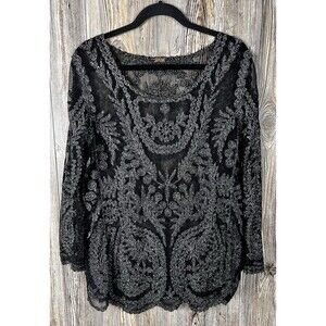 Sorrento Women's Med Blouse Black Silver Shimmer Gothic‎ Elegance Dark Romantic
